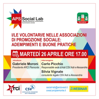 "I/le Volontari/e nelle associazioni di promozione sociale: adempimenti e buone pratiche" - webinar APS Social Lab